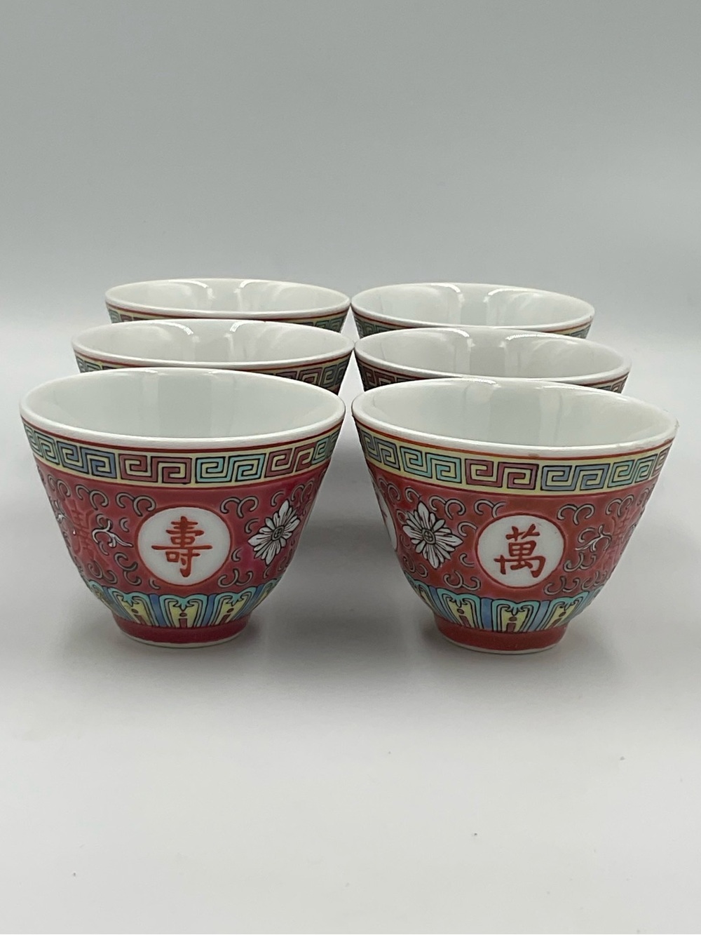 Vintage Chinese Wan Shou Wu Jiang Longevity Porcelain Teacups- Set of 6